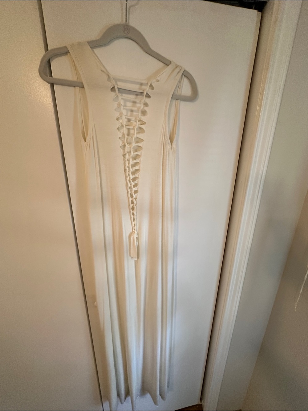 Sleeveless Cream Maxi Dress with Lace-Back Detail